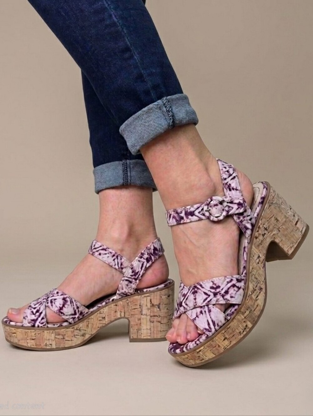 LifeStride Neutral Platform Sandals Cork Block Heel Purple Shibori 7.5M NEW!!